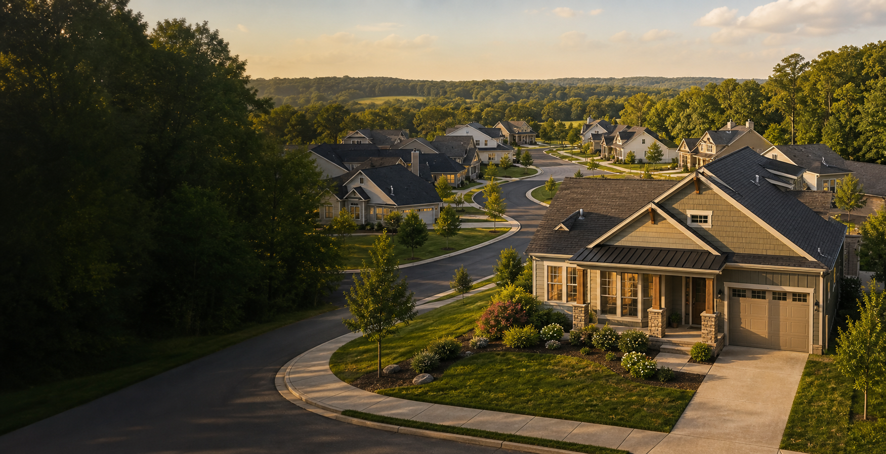 Illustrative view of cottage and craftsman homes in a tree-lined Emerald Forest Estates neighborhood