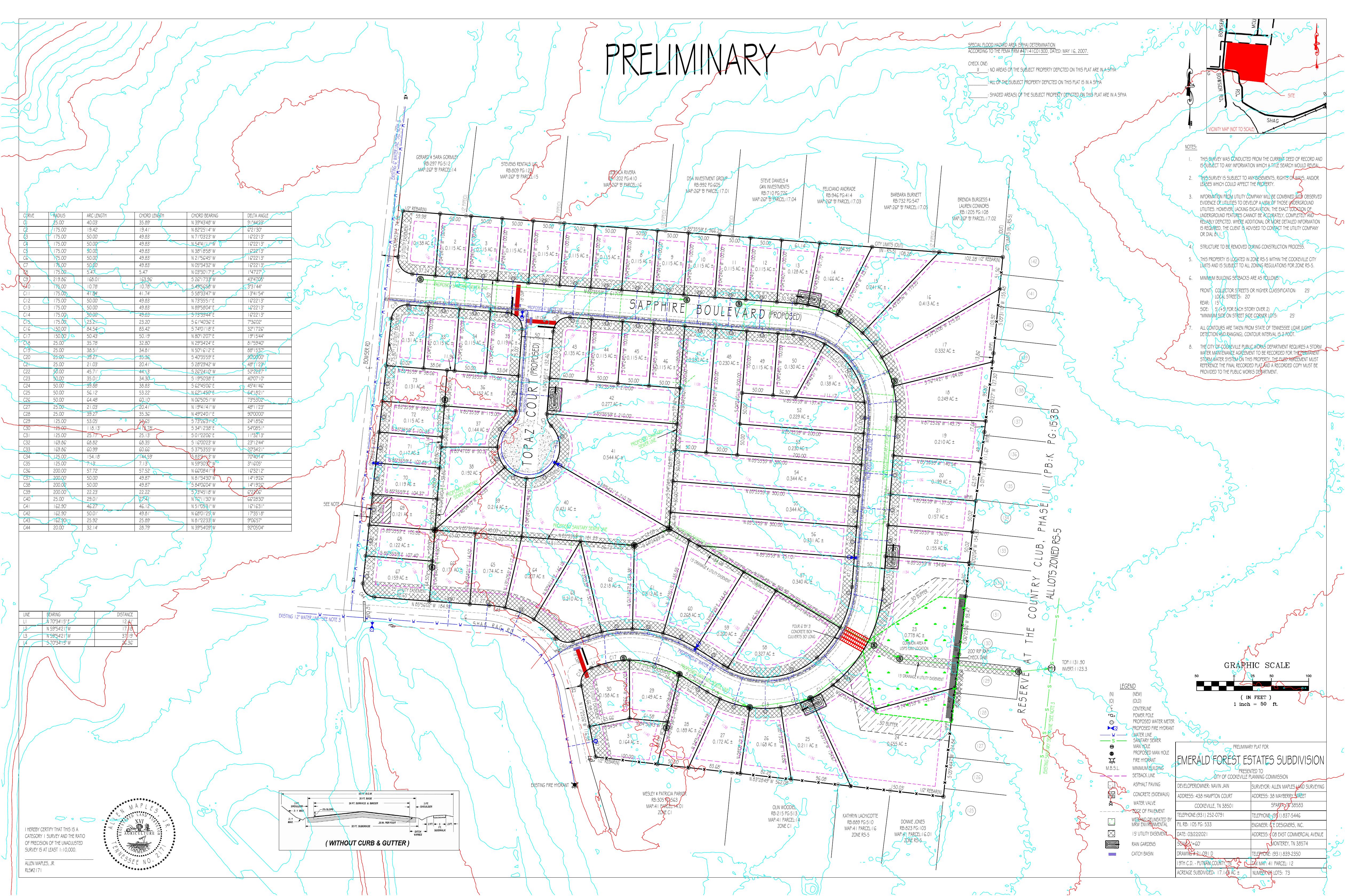 Site plan showing the Emerald Forest Estates homesites and streets